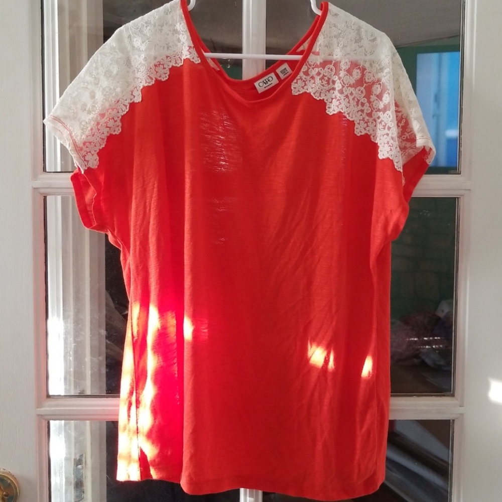 Adorable Orange Top with Cream Crocheted Shoulders